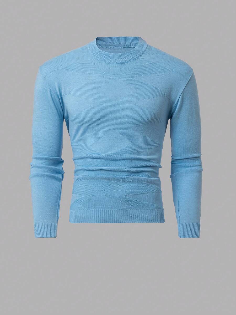 SHEIN Cottnline Homme Pull col rond régulier avec motif géométrique rayé - Bleu azur - Voir 1
