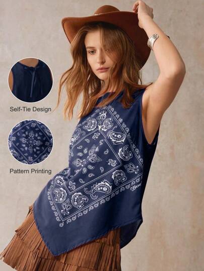 Wildy Boho American West Country Music Festival Tank Top With Graphic Print For Women, Red Bandana Top Women Scarf Top Tie Front Top Paisley Print Top Sleeveless Top