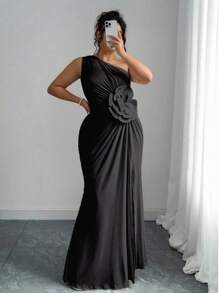 Elenzga 大码女式3D花卉印花斜领连衣裙 - 黑色 - 查看 3