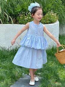 DAZY 年轻女孩圆领无袖休闲清新甜美荷叶边下摆二合一连衣裙，女孩夏季服装 - 藍色 - 查看 7