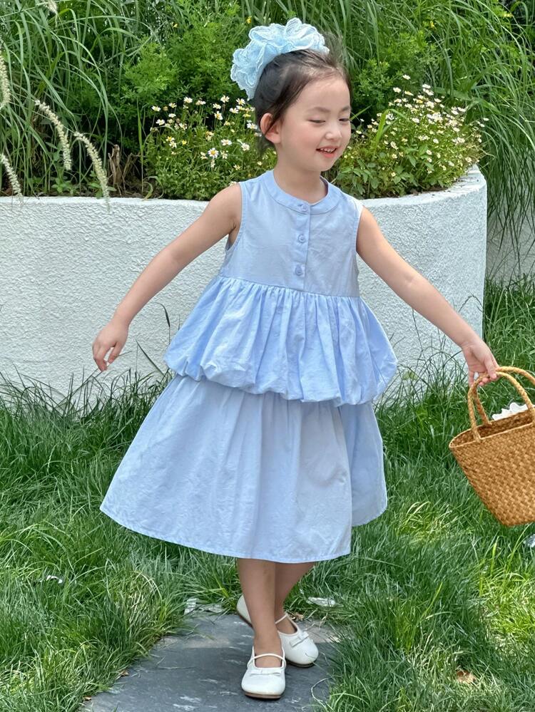 Young Girl Round Neck Sleeveless Casual Fresh Sweet Ruffle Hem 2 In 1 Dress,Girls Summer Outfits