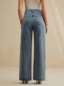 Anewsta Summer New Fashionable High-Waisted Slim Floral Embroidery Straight Wide-Leg Jeans - Blue - View 2