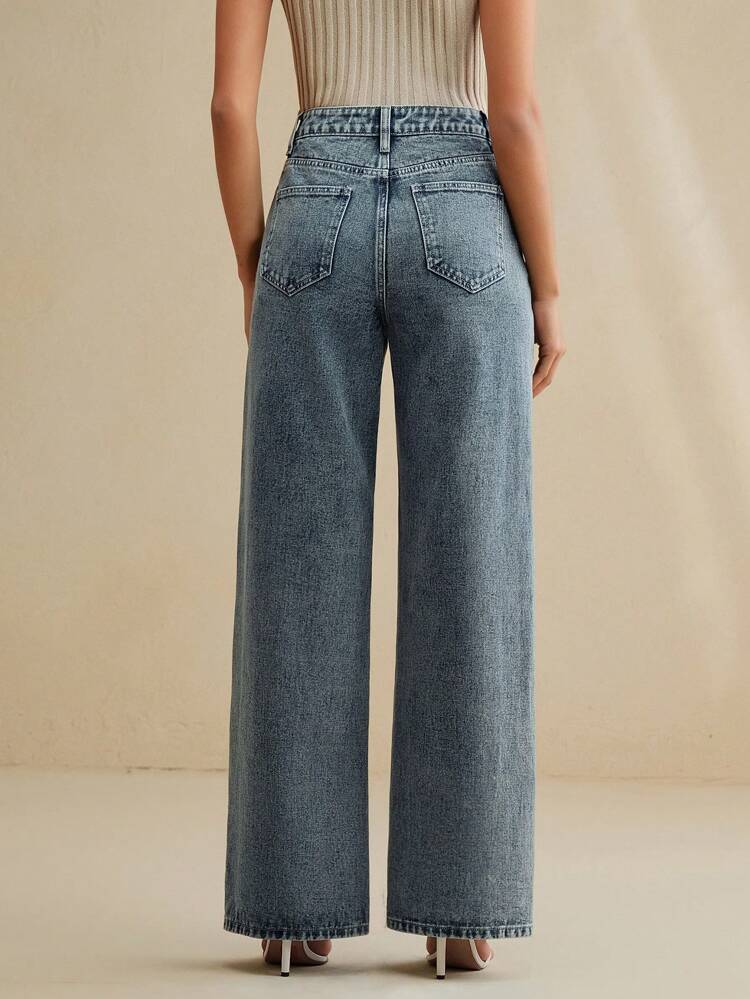 Summer New Fashionable High-Waisted Slim Floral Embroidery Straight Wide-Leg Jeans