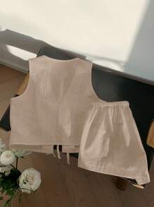 Comfortcana Women's Beige Lace-Up Front Sleeveless Crop Top And Shorts 2 Pieces Casual Set - Apricot - View 2