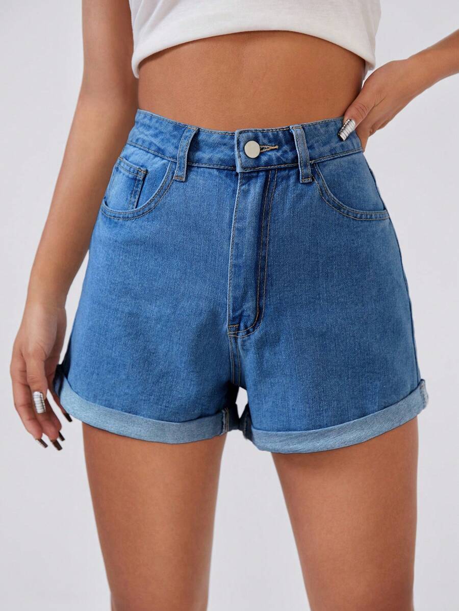 SHEIN EZwear 女式卷边口袋休闲百搭牛仔短裤 - 中等水洗藍 - 查看 1