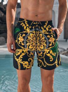 Manfinity Swimmode 男士度假休闲巴洛克印花沙滩短裤