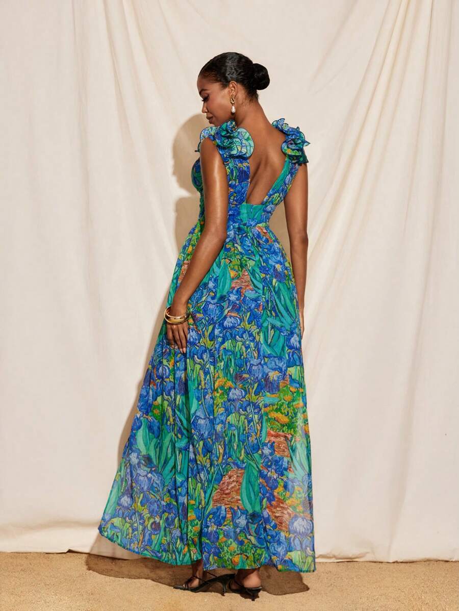 TIYA 热带印花雪纺V领荷叶边开叉长裙女款夏季度假 - 彩色 - 查看 1