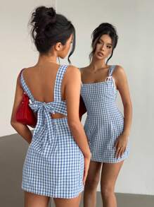 Aloruh Y2K Cute Young Girl Plaid Mini Strap Dress - Blue and White - View 2