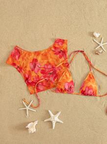 BamGleam 2pcs Women Printed Swimwear Top - Triangle Tie Strap With Mesh Cami, Summer Beach Vacation Style - Multicolor - View 1