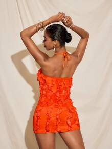 Yelly Gray Summer All-Over Printed Mesh Halter Neck Top And Mini Skirt Set Women Vacation Ruffled Co-Ords Orange Two Piece Set Orange Outfit Women Orange Ruffle Two Piece Set Orange Resort Wear Ruffle Two Piece Set - Orange - View 2
