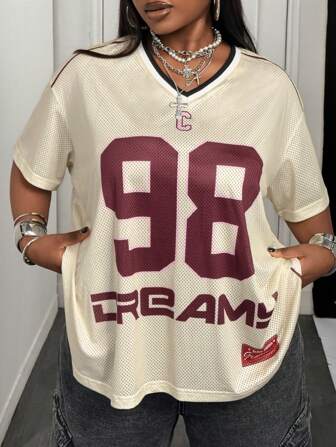 SHEIN CURVE+ CURVE PLUS 女款夏季节日复古街头运动装数字印花加大码棒球服 T 恤