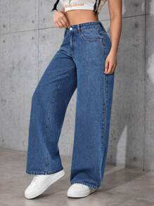 SHEIN PETITE 女式宽松口袋直筒休闲牛仔裤 - 藍色 - 查看 5