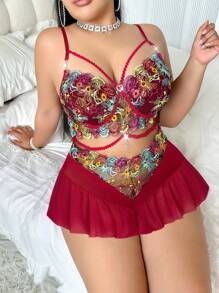 SHEIN 复古彩色刺绣露背透视荷叶边下摆性感大码女式睡衣连体裤 - 酒紅色 - 查看 1