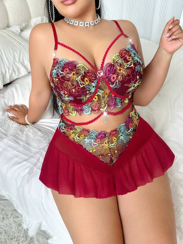 SHEIN Salopetă de dormit pentru femei, stil vintage, colorat, cu broderie, spate fără mâneci, transparentă, cu volane, sexy, Plus Size