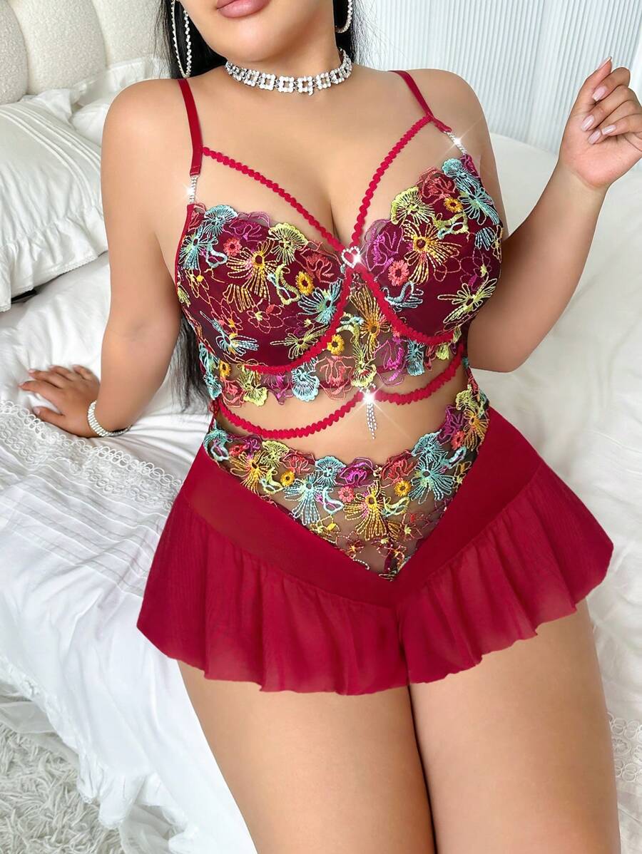 SHEIN 复古彩色刺绣露背透视荷叶边下摆性感大码女式睡衣连体裤 - 酒紅色 - 查看 1