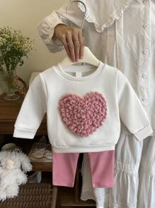 SHEIN Baby Girl Newborn To 3 Years Old Cute & Funny Heart Design Long Sleeve Sweatshirt & Leggings Set, Daily Versatile Infant Toddler Autumn/Winter Outfit Fall - Pink - View 5