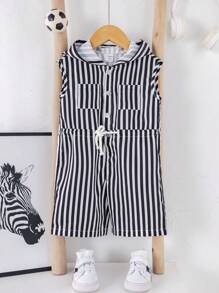 SHEIN Combinaison à capuche rayée noire et blanche style coréen décontracté d'été pour bébé garçon nouveau-né. Combinaison rayée pour enfants - Multicolore - Voir 9
