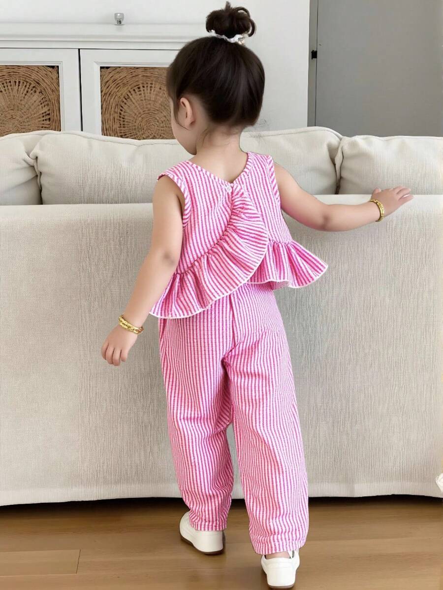 SHEIN Elladie kids 2件套年轻女孩休闲条纹背心和裤子套装，夏季儿童女孩服装套装女孩服装女孩服装11岁年轻女孩服装两件套夏装幼儿服装年轻女孩套装 - 粉色 - 查看 1