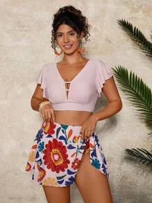 Travachic 大码女式V领印花比基尼套装，海滩度假泳装 - 彩色 - 查看 3