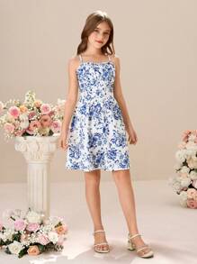 Tween Girls' Ditsy Floral Smock Ruffle Strap Chiffon Dress - Blue - View 4