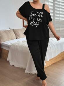 SHEIN 休闲不对称肩带白色英文标志印花超柔软亲肤薄款纯牛奶丝针织大码短袖上衣和裤子睡衣套装 - 黑色 - 查看 5