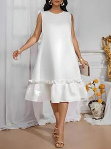 SHEIN Lady 无袖缎面白色蓬蓬裙优雅中长连衣裙日常聚会节日办公室四季