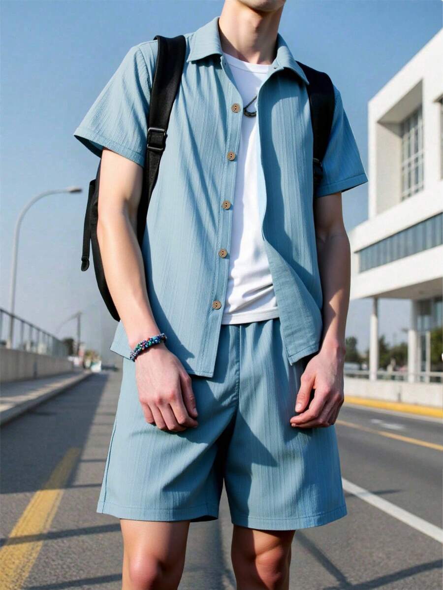 Teen Boy Short Sleeve Solid Color Single-Breasted Top And Shorts Casual 2 Pieces Set, School, Campus, College - Baby Blue - View 1