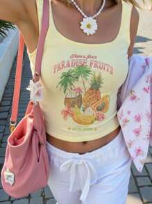 女式修身水果印花背心，Y2K 性感夏日风格，女式夏季度假卡通热带水果印花修身背心图案 T 恤 - 黃色 - 查看 3