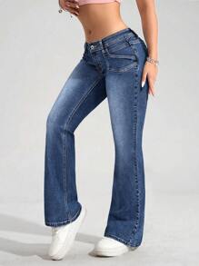 SHEIN EZwear Distressed Low-Waist Flare Leg Women Jeans Y2k - Dark Wash - View 4