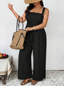 SHEIN Frenchy 女式加大码优雅纯色系带无袖夏季连体裤 - 黑色 - 查看 5