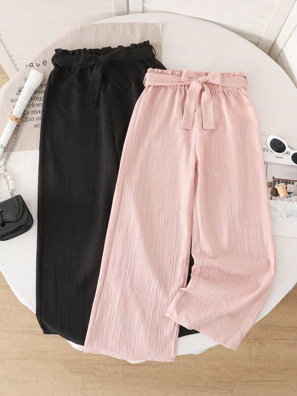 2 pièces Pantalons longs décontractés et confortables texturés en tissu tressé pour filles