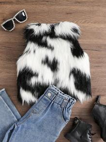 SHEIN Young Girl Furry Gradient Cow Print Color Block Open Front Fuzzy Coat Sleeveless Vest,In Fall/Winter - Black and White - View 2