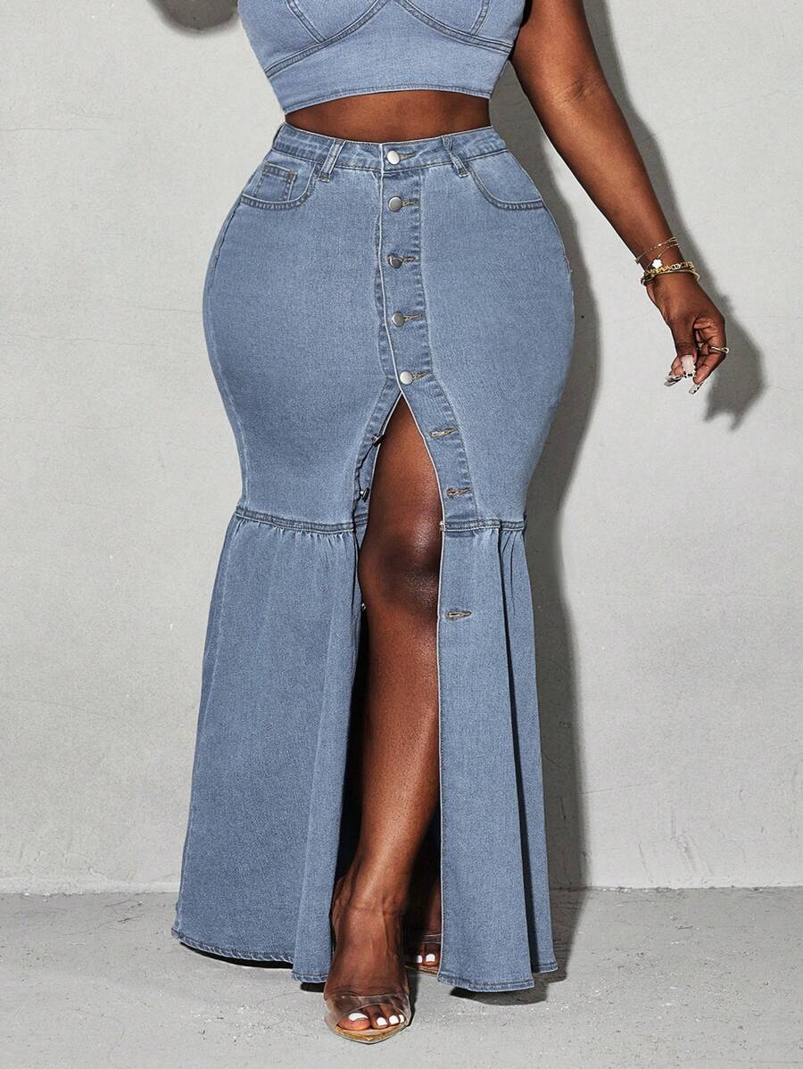 Slaydiva Plus Size Front Button Denim Skirt - Blue - View 1