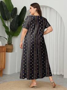 Lacomfia Plus Size Women Summer Casual Floral V-Neck Short Sleeve A-Line Dress,Women's Book Summer Fashion Simple Waist Slimming Floral Print Dress, Home Outing Casual Dress, Fabric Soft And Comfortable Loose Women's Dress Women's Dress Elegant Dress Women's Summer Clothing Women's Casual Dress Women's Beautiful Dress,Black Dress Brown Dress