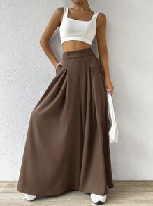 SHEIN EZwear 春夏大码褶皱休闲阔腿裤 - 棕色 - 查看 4