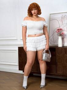 SHEIN Tall CURVE 夏季大码可爱性感蕾丝边纯色短裤 - 白色 - 查看 7