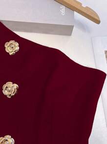 Franclia Chic Versatile S-Shaped Sexy Oblique Shoulder Metal Buckle Decor Women's Blouse, Spring/Summer - Burgundy - View 3