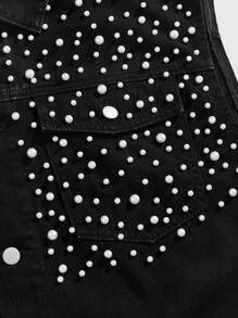 ROMWE MEN Street Life Chaleco vaquero de una sola hilera con perlas falsas negras para hombre - Negro - Ver 3