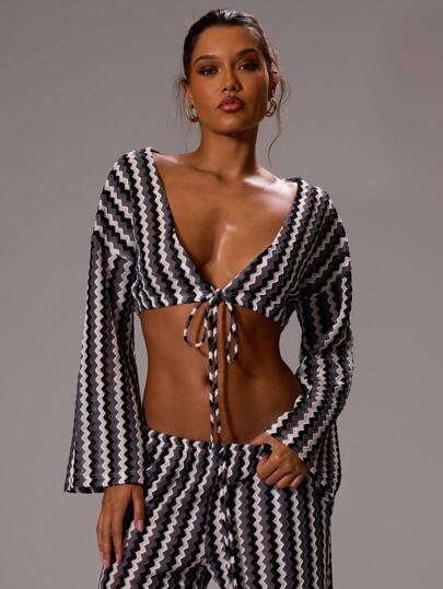 Musera Resort 极致深V领系带条纹钩针编织长袖露脐上衣，仅限春夏度假性感波西米亚风伊比沙岛音乐节海滩泳装罩衫狂欢生日派对黑色假日