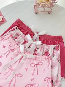 Snug Zone 3件套可爱花卉印花蝴蝶结撞色女士睡衣套装 - 彩色 - 查看 4