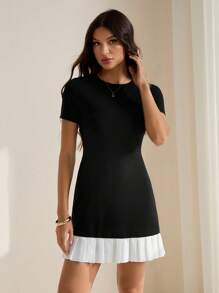 SHEIN Tall Round Neck Mixed Material Ruffle Hem Versatile Mini Dress Women Cocktail Dress Women Short Dresses Women Black Dress,Business Casual - Black - View 9