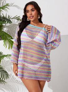 Swim Vcay 加大码宽松拼色性感不对称不对称领口喇叭袖钩针镂空罩衫度假罩衫