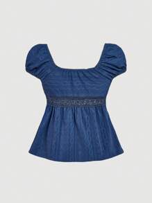SHEIN MOD Ruched Bust Blue Jacquard T-Shirt With Capped Sleeve - Royal Blue - View 2