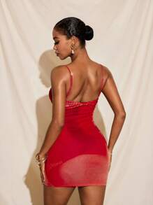 Armand Full Printed Spaghetti Straps Twist Neck Mesh Mini Dress, Sexy Party Vacation - Red - View 2