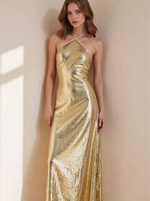 Aveloria Rosie فستان ماكسي مناسب للحفلات بتصميم أنيق مع فتحة للرقبة عند الياقة وألوان متكتلة مع فيونكة خلف ظهر غير متماثل، مزين بالخرز والترتر، للنساء - الذهبي - مشاهدة 3