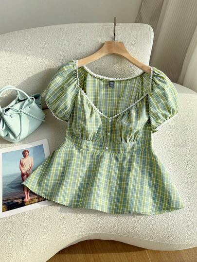 Comfortcana 大码绿色格子短袖衬衫