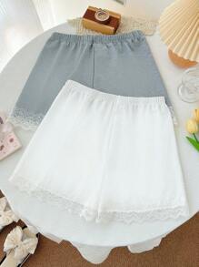 Set de pijama de 2 piezas para mujer con shorts de encaje a contraste y con lazo en la cintura - Multicolor - Ver 2