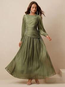 Anewsta Women Olive Green Long Sleeve Pleated Waist Shiny Dress, Elegant And Versatile - Olive Green - View 4