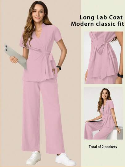 TaskEZ Solid Color V-Neck Short Sleeve Side Knot Top And Pants Nursing Scrub Uniform Set