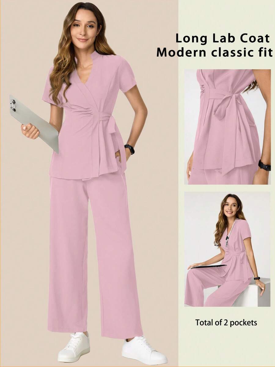 TaskEZ Conjunto de uniforme de enfermería con top de manga corta escote en V con nudo lateral y pantalones de un solo color - Rosa Pálido - Ver 1